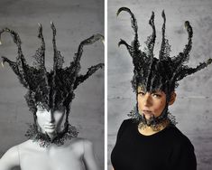 Elevate your style with this captivating Gothic Fantasy Headpiece, a masterful fusion of avant-garde fashion and dark elegance. Meticulously handcrafted, this unique headpiece features an intricate lattice design that mimics the organic flow of twisted branches and claws, creating a hauntingly beautiful crown-like structure. The black, matte finish enhances its dramatic appearance, making it the perfect accessory for those who dare to stand out. Whether you're preparing for a high-fashion photos Avant Garde Photoshoot, Fantasy Mask, Crown Dark, Twisted Branches, High Fashion Photoshoot, Dark Elegance, Photoshoot Fashion, Lattice Design, Avant Garde Fashion