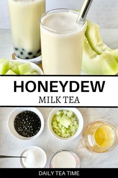 the ingredients for honeydew milk tea are shown