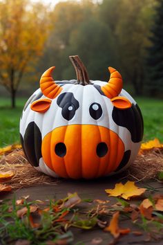 Cow Pumpkin Painting Idea Pumkin Decoration Ideas Craft, Carveless Pumpkins, Halloween Cow Painting, Cow Pumpkins Painting, Pumpkin Cactus Painting, Cow Pumkin Painting, Cow Painting Pumpkins, Lsu Pumpkin Painting, White Pumpkins Carving Ideas