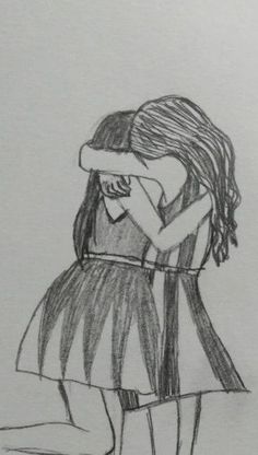 a drawing of two girls hugging each other with one holding the other's head