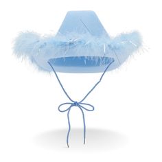 a blue hat with feathers tied to it