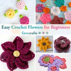 crochet flowers for beginners are shown in different colors and sizes, with the words easy crochet flowers for beginners above them