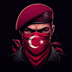 a man wearing a red bandana with the flag of turkey on it's face