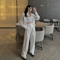 Product information: Pattern: plain Sleeve length: long sleeve Wearing style: cardigan Packing list: 1X suit White Outfit Casual, White Pants Outfit, Legs Outfit, Outfit Korean Style, Wide Leg Pant Suit, Wearing Style, All White Outfit, Pants Suit, Style Cardigan