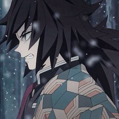 an anime character with black hair in the snow looking at something off to the side