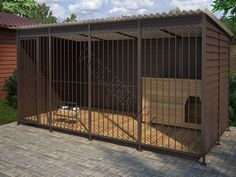 a dog kennel in the middle of a yard