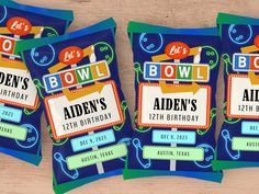 Inspired by midcentury neon totems, this bowling birthday potato chip bag wrapper will add a bright splash of color to your party favors table!  As soon as you place an order, you will get instant access to personalize your 8.5x11 wrapper. All you need is any web browser! ♥ TRY BEFORE YOU BUY Paste the link below into a new browser tab on a computer. Let us know if you have questions or need a hand. We're here to help! https://templett.com/design/v2/demo/tabbyandtabby/23569242 ♥ MATCHING INVITATIONS ARE AVAILABLE https://www.etsy.com/shop/tabbyandtabby/?etsrc=sdt&search_query=cb2 ♥ WHAT'S IN YOUR INSTANT DOWNLOAD ★ Editable 8.5 x 11 inch chip bag wrapper ★ Installation instructions ★ How-to videos on using Templett, plus we're here for direct assistance if needed! ★ Unlimited access to you Glow Bowling, Boys Birthday Party Favors, Party Potatoes, Bowling Party, Neon Glow, 12th Birthday, Boy Birthday Party, Potato Chips, Birthday Party Favors