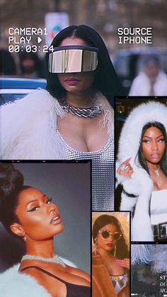 a collage of photos with an image of a woman in fur coat and sunglasses