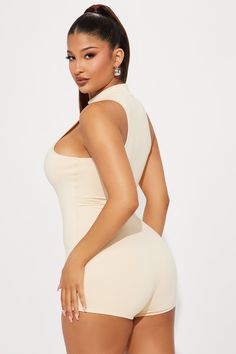 Available In Black, Charcoal, And Cream. Romper Sleeveless Mock Neck Sleeveless Hidden back Zipper Booty Short Stretch Self: 96% Polyester 4% Spandex Imported | Diana Double Lined Romper in Cream size Large by Fashion Nova Cream Fashion, Sleeveless Mock Neck, Luxe Clothing, Service Women, Popular Outfits, Active Wear Outfits, Matching Dresses, Black Charcoal, Clothes For Sale