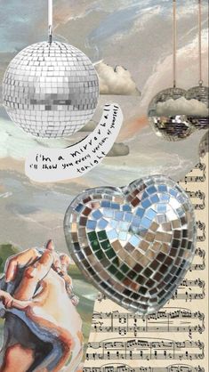 an artistic collage with music notes and disco balls in the shape of a heart