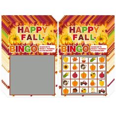 two happy fall bingo game cards with pumpkins and leaves on the front, and an orange