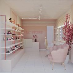 the interior of a nail salon with pink chairs and white shelves filled with manicures