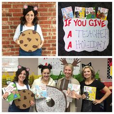 four different pictures with people holding up signs and animals, one has a sign that says if you give a teacher a holiday