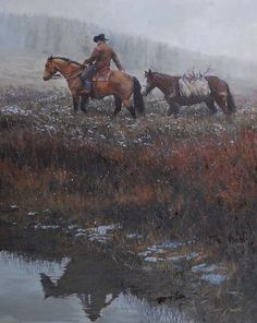 a painting of two men on horses in a field