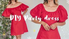 a woman wearing a red dress with the words diy party dress on it