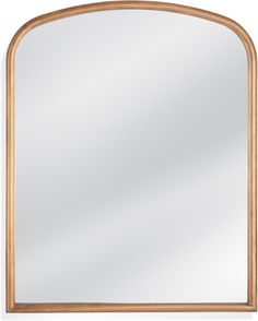 an arched wooden mirror with a white background and light wood trimming on the edges