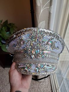 An Iridescent Pink/blue/lavender Silver Sequin and Silver - Etsy Silver Party Hat With Bling, Silver Festival Hat With Rhinestones, 30th Bday, Painted Hats, Rave Bra, Blue Lavender, Costume Hats, Des Moines, Silver Sequin