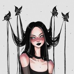 a drawing of a woman with long black hair and butterflies on her head, in front of