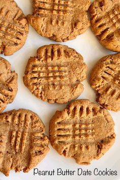 peanut butter date cookies on a white plate with text overlay that reads, peanut butter date cookies