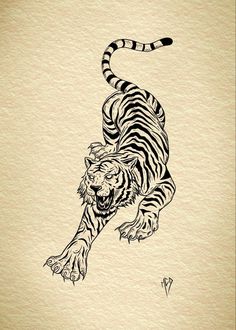 an ink drawing of a tiger running across the floor with it's tail extended