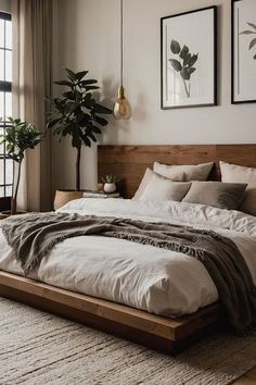 a large bed sitting in a bedroom next to a window with potted plants on it