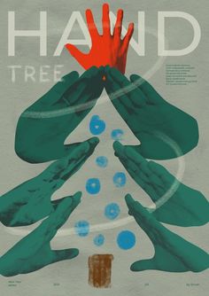 a poster with hands reaching up to a christmas tree that reads, hand tree 3