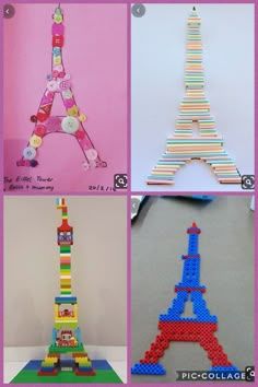 four different types of legos made to look like the eiffel tower