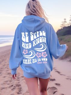 Express a Message of Faith with this cute and unique Coconut Girl Be Still And Know Hoodie! This Beachy Christian Surf Style Hibiscus Hoodie Sweatshirt is super comfy! Size up for a Trendy Oversized Look! SHIPS FREE! Thank you for shopping at Meaningful Tees! Scripture Sweatshirts, Pink Ladies Outfit, Christian Hoodies, Business Board, Faith Clothing, Be Still And Know, Coconut Girl, Cute Preppy Outfits, Surf Style