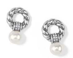 Luxurious elements of domed rope, hand-set crystal barrels and a white crystal pearl pack a big classic punch of timeless jewelry in a small earring. Brighton Earrings, Mixed Metal Rings, Classic Earrings, Brighton Jewelry, Handbag Charms, Pearl Types, Timeless Jewelry, White Crystal, Small Earrings