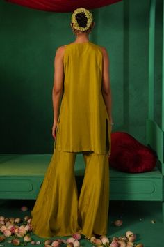 Green silk kurta with floral thread embroidery embellished by sequins and beads. Comes with bell bottom pant. - Aza Fashions Sleeveless Raw Silk Sets For Eid, Traditional Sleeveless Pant Set For Festive Season, Floral Thread Embroidery, Pant Women, Women Kurta, Silk Kurta, Thread Embroidery, Bell Bottom Pants, Bell Bottom