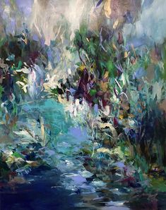 an abstract painting of water and trees in blue, green, purple and white colors