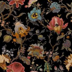 a black background with colorful flowers and plants on it's sides, all in different colors