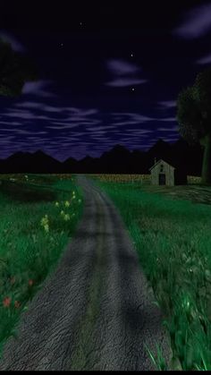 an image of a night scene with a road going through the grass to a house