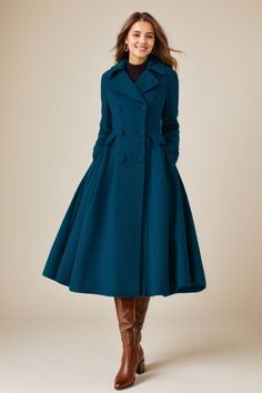 ★★ FEATURES 50% wool blend, 50% fiber, nylon Polyester lining Notched collar Long sleeve Double breasted Two side pockets Fit and flare Regular fit Midi wool coat Perfect for winter, autumn ★★Mode size Height 170cm (5′ 7″)  Bust 84 cm (33")  Waist 66 cm (26")  She wears size XS. ★★Bespoke Order Service If you Request other color Request the length Your height is not between 155 cm- 175 cm Your weight is not between 47 kg -77 kg I can do it for you, It will need some extra fee depending on on you Double Breasted Winter Coat, Ankle Length Coat, Classic Coats For Women, Long Blue Coat, Wool Coats For Women, Long Coats For Women, A Line Coat, Fit And Flare Coat, Blue Winter Coat