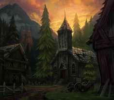 a painting of a church in the middle of a forest with mountains and trees behind it