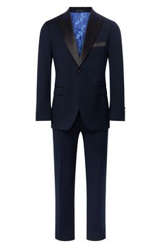 Fine satin covers the peaked lapels and a vertical trouser stripe on this charming tuxedo crafted from wrinkle-resistant performance stretch fabric. 32" inseam; 15 1/2" leg opening; 10" front rise (size 34W) Jacket has nonfunctional four-button cuffs; chest pocket; flap pockets; interior pockets; side vents Trousers have zip fly with hook-and-bar closure; slant pockets; back pockets Jacket is lined; trousers are lined to the knee 80% polyester, 18% rayon, 2% spandex Dry clean Imported Formal Fitted Single Breasted Sets, Fitted Semi-formal Set With Suit Collar, Tailored Notch Lapel Tuxedo With Single Button, Tailored Single Button Tuxedo With Notch Lapel, Formal Tuxedo Sets With Slim Fit, Fitted Tuxedo Sets For Formal Occasions, Tailored Semi-formal Sets With Lapel Collar, Tailored Suit With Lapel Collar For Black Tie Events, Tuxedo Suit With Lapel Collar