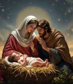 a painting of jesus and baby jesus in the manger