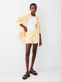 Stripe Shirting Shorts Neutral Dresses, All Black Dresses, Stripe Shorts, Short Coat Jackets, Floral Shirt Dress, Summer Stripes, Lightweight Shorts, Wedding Guest Dress Summer, Blue Midi Dress