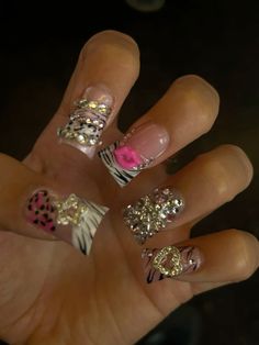 #y2k #ducknails #junknails #baddies #zebraprintnails #cheetah #pink #sparkly Y2k Nail Inspo Cheetah Print, Short Nails Animal Print, Bratz Doll Nails Design, Short Acrylic Junk Nails, Trashy Nails Y2k, Rockstar Nail Designs, Duck Nails Mcbling, Y2k Bling Nails, 2000 Duck Nails