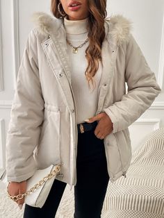 Damasco Casual Collar Manga Comprida Tecido Simples Parka Embellished Não elástico Parka Coat Women, Trendy Business Casual, Coachella Dress, Hooded Parka, Cute Jackets, Parka Coat, Winter Coats, Winter Coats Women, Hooded Coat