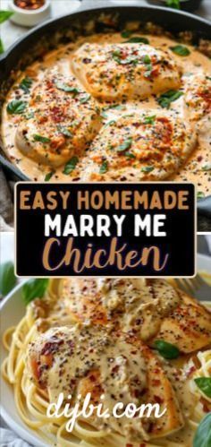 homemade mary me chicken recipe in a skillet with text overlay that reads easy homemade mary me chicken