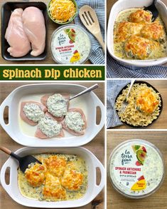 This awesome dinner recipe only takes 5 minutes to prepare thanks to a container of cheesy spinach artichoke dip. Simply place a few chicken breasts onto the bottom of a large baking dish, spread the creamy dip over top, top with shredded cheese, and then bake at 375° F until the chicken is cooked through. Serve however you'd like! With pasta, buttered noodles, roasted potatoes, rice, salad, etc. This is a great dinner recipe for those busy weeknight when you don't feel like cooking but need something to feed your picky family. Spinach Dip Chicken, Banana Oat Muffins Healthy, Cheesy Spinach Artichoke Dip, Shredded Chicken Crockpot, Fast Dinner, Cheesy Chicken Broccoli, Picky Kids, Easy Chicken Dinner Recipes, Recipes Casserole