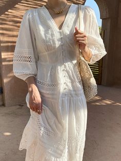 Lasaky - Designer White Embroidered Maxi Dress for Vacation Dress For Vacation, Rice White, Holiday Dresses Women, Cotton Long Dress, Lantern Sleeve Dress, Embroidered Maxi Dress, French Chic, Lantern Sleeve, Zambia