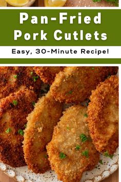 fried pork cutlets on a plate with lemons and parsley