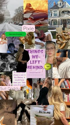 a collage of photos with people, books and pictures on them that say things we left behind