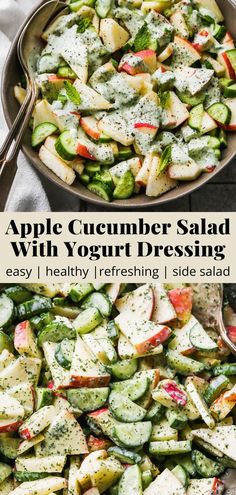 Pinterest graphic for an easy apple cucumber salad recipe tossed in a mint yogurt dressing. Easy Side Salad, Salad With Mint, Mint Yogurt, Apple Salad Recipes, Mint Salad, Fresh Salad Recipes, Yogurt Dressing, Cucumber Recipes Salad, Cucumber Recipes