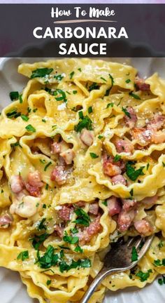 a white plate topped with pasta covered in bacon and parsley