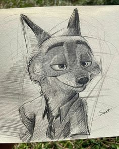 a pencil drawing of a fox wearing a suit and tie with grass in the background