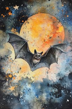 a painting of a bat flying in front of the moon with stars and clouds around it