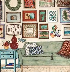 a living room filled with lots of pictures and paintings on the wall next to a blue table